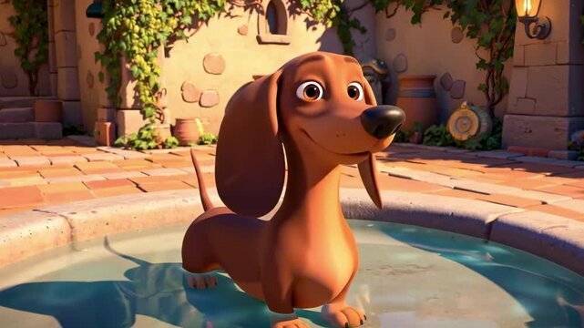 cartoon dachshund - A charming cartoon dog stands in a shallow pool, surrounded by a beautifully designed courtyard with plants and decorative elements in the background