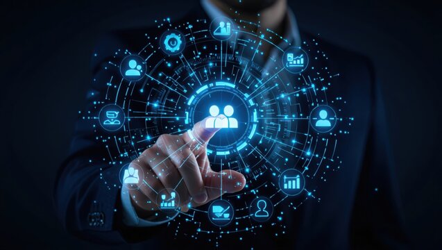 Businessman interacting with a futuristic digital network of people and business icons