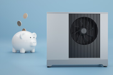 Air Heat pump and piggy bank on blue background - 3d illustration