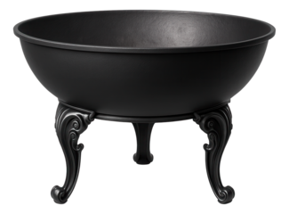 A cast iron fire pit with decorative legs, perfect for hosting barbeques in a backyard seating area.
