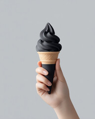 hand holding ice cream cone, black ice cream cone
