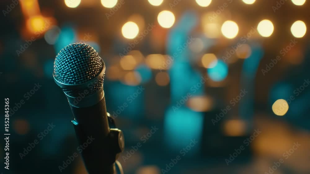 Poster a close-up shot of a microphone on a dark stage lit by colorful lights