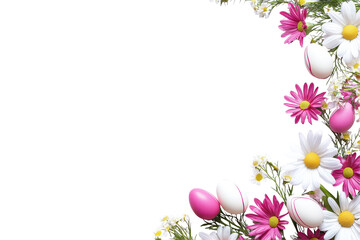 Celebrate easter with a floral spring background featuring colorful eggs and flowers in a bright, isolated space