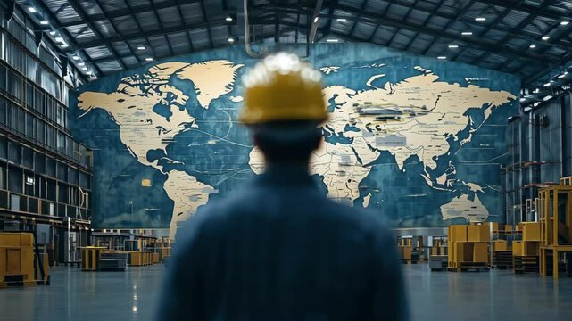 A man in a hard hat and mask in a warehouse against the backdrop of a world map