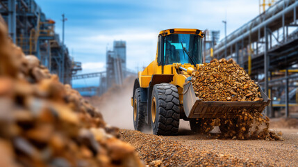 Heavy Equipment Loader Operating in Industrial Quarry with Gravel and Dust in Motion Under a Blue Sky