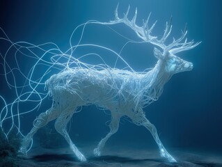 Fototapeta premium Ethereal deer composed of luminous strands is gracefully moving through a mystical underwater environment, surrounded by glowing particles, embodying a sense of magic and tranquility