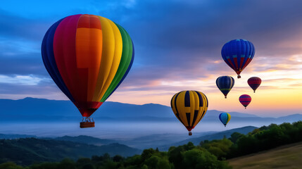 Naklejka premium Colorful Hot Air Balloons Soaring Over Scenic Mountain Landscape at Sunrise, Creating a Captivating Visual Experience in Open Sky