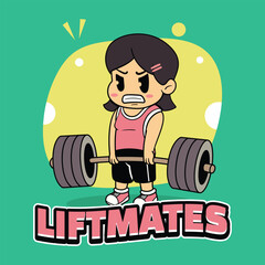 Naklejka premium A Cute girl athlete deadlifting a heavy barbell for fitness and muscle building in a retro cartoon character mascot illustration