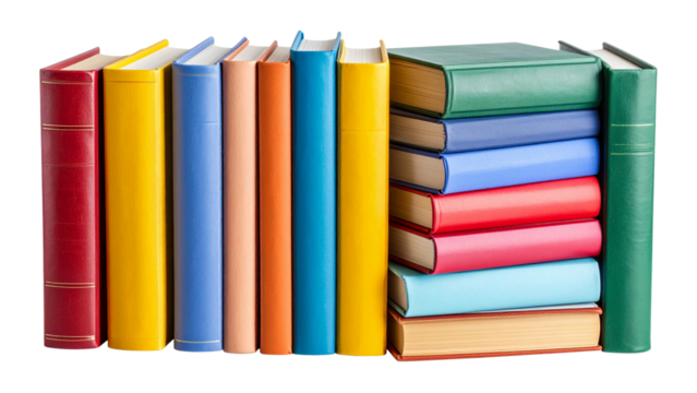 Stack of colorful books in various shades arranged vertically against a transparent background highlighting their distinct textures and shapes.