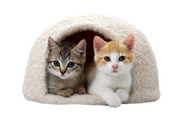 Two cats laying down in cushion fluffy, isolated on transparent background.