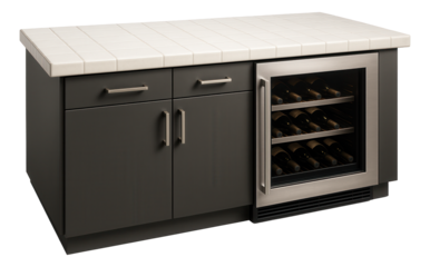 A ceramic-tiled countertop kitchen with a built-in wine fridge, perfect for poolside entertaining.