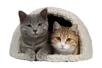Two cats laying down in cushion fluffy, isolated on transparent background.