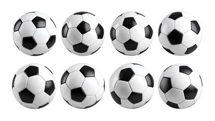 Collection of eight soccer balls displayed in various sizes and angles, featuring classic transparent and white panel design, isolated on a transparent background.