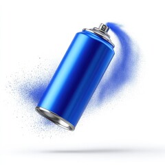 A vibrant blue aerosol can in mid-air, spraying a dynamic arc of paint, with a fine spray mist trailing behind it against a stark white backdrop