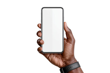 Hand holding a smartphone or mobile phone with white screen for technology concept, isolated on transparent background.