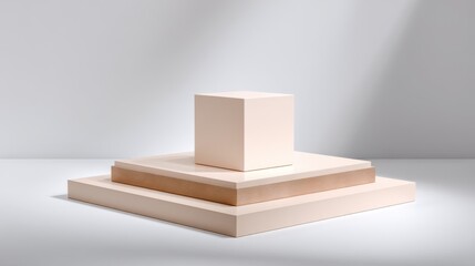 Minimalist display with cube on platforms for product showcase, promotion use