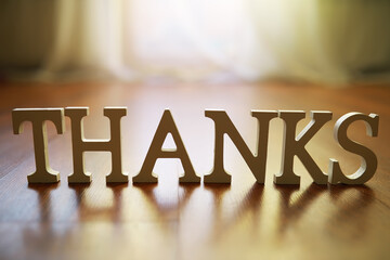 Wooden Block Letters Spelling THANKS on Sunlit Hardwood Floor