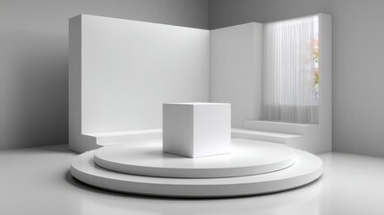 Minimalist stage with cube and round platforms for product display, exhibition, or presentation use cases