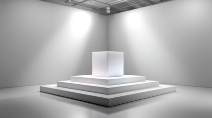 Minimalist cube display on steps in a gallery setting for product showcase and presentation use cases