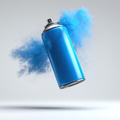 A vibrant blue aerosol can, seemingly mid-spray, expels a dynamic cloud of powder, suspended against a minimalist off-white backdrop