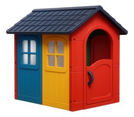 Modular playhouse with colorful panels, great for kids' activities in a cottage garden.
