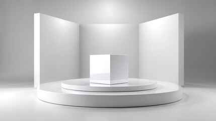 Minimalist product display stage with cube, platform for presentation, showcase, promotion, advertising, and product mockups