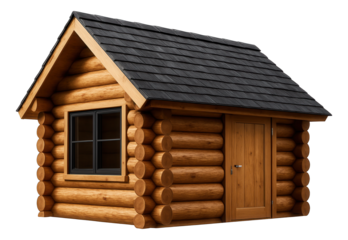 Rustic log cabin-style shed, offering extra guest space in a large backyard.