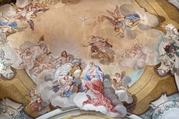 Gordijnen BOBBIO, ITALY - MAY 20, 2025: The detail of baroque fresco of Trinity with the Virgin Mary and St. Chares Borromeo in Cathedral (Santa Maria Assunta)  by Francesco Porro (1723). © Renáta Sedmáková