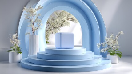 Presentation stage with cube and floral decoration for product showcase and promotion use cases