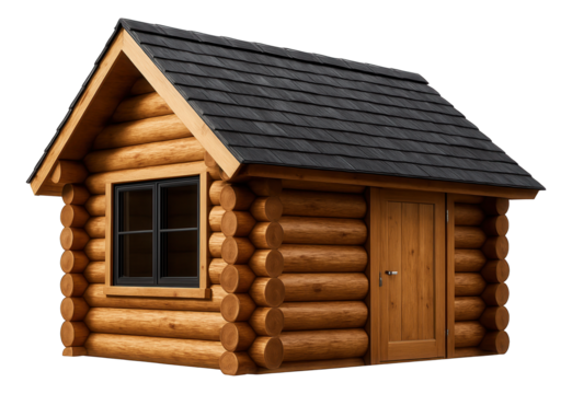 Rustic log cabin-style shed, offering extra guest space in a large backyard.