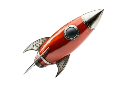 Launch of a red rocket ascending into the clear sky, symbolizing exploration and innovation in space travel and technology