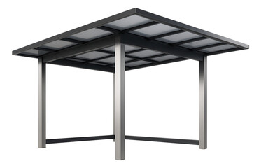 Flat-roofed carport with aluminum posts, for sheltering vehicles in a rural driveway.
