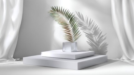 Palm leaf on a podium with curtain, product display and presentation use