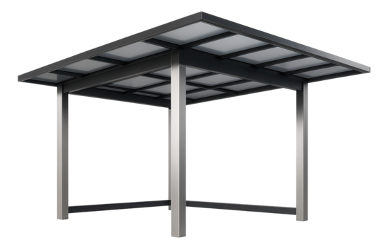 Flat-roofed carport with aluminum posts, for sheltering vehicles in a rural driveway.