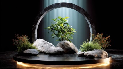 Plant on rocks with a circular frame for product display and nature themed presentations, and zen garden concepts.