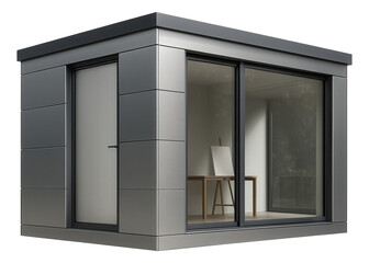 Fototapeta premium Prefabricated studio with a sleek design, serving as an artist's workspace in a garden setting.