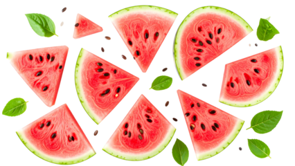 Sliced watermelon pieces arranged on a transparent background showcasing various cuts of the fruit including wedges and quarters with seeds visible