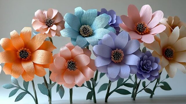 Pastel Paper Floral Composition,
Handmade 3D Flower Craft Art, Pastel paper flowers bouquet with paper floral texture and 3D flower craft, 