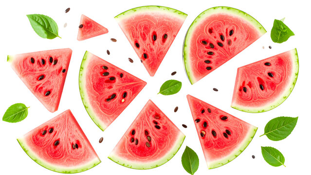 Sliced watermelon pieces arranged on a transparent background showcasing various cuts of the fruit including wedges and quarters with seeds visible