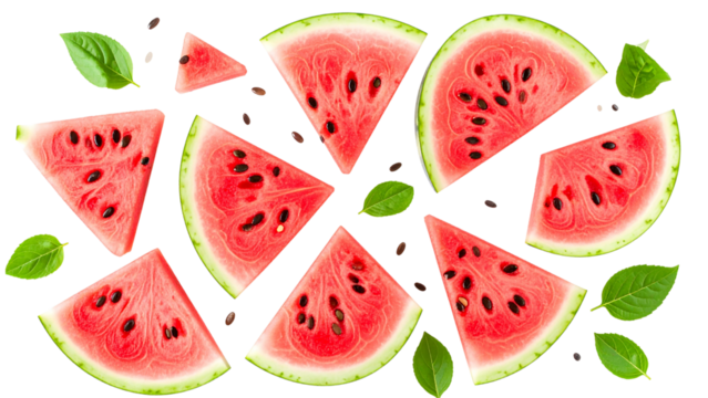 Sliced watermelon pieces arranged on a transparent background showcasing various cuts of the fruit including wedges and quarters with seeds visible - Powered by Adobe