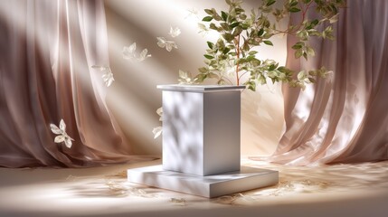 Elegant podium display with floral accents and soft drapes for product showcases and presentations.