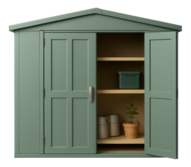 Outdoor storage sheds with built-in shelves allow for organized storage of paint cans and gardening supplies in a cottage courtyard.