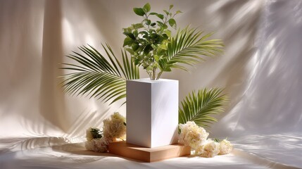 Botanical display with flowers and leaves, perfect for product showcase, cosmetic ads, and minimalist presentation mockups.
