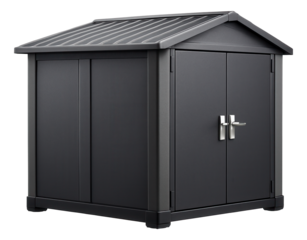 Outdoor storage sheds with locking mechanisms ensure the safety of valuable items like bicycles and power washers in a residential area.