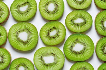 Fototapeta premium A vibrant flatlay of numerous perfectly sliced kiwi fruit rounds arranged in neat rows against a stark white background, showcasing their bright green flesh and tiny black seeds