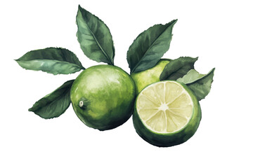 Obraz premium Fresh limes with green leaves illustration isolated on transparent background showcasing vibrant and juicy citrus fruit perfect for culinary designs