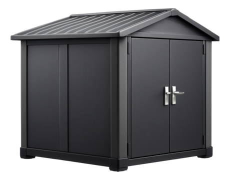 Outdoor storage sheds with locking mechanisms ensure the safety of valuable items like bicycles and power washers in a residential area.