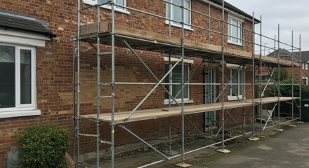 Scaffolding structure beside residential brick house for renovations  
