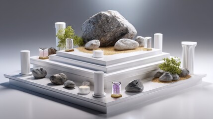Tiered display featuring rocks, plants, and columns for product showcase, decoration, and artistic composition.