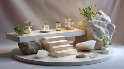 Elegant product display featuring stone, plants and glass bottles. perfect for showcasing cosmetics, skincare, or fragrance products.